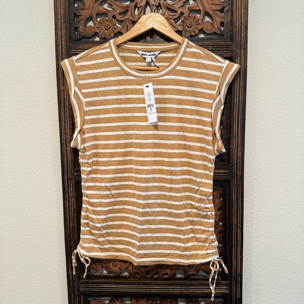 DKNY Beige and White Striped Sleeveless Drawstring Tank